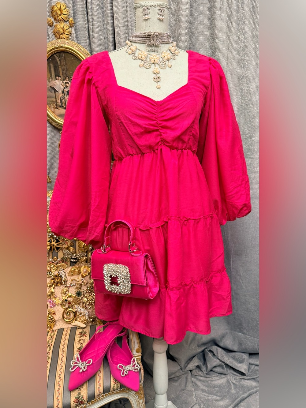 New Embellished Fuchsia Satin Bag & Pointed Slingback Flats Set - Picture 8 of 8